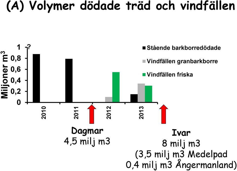 Stående barkborredödade Vindfällen granbarkborre