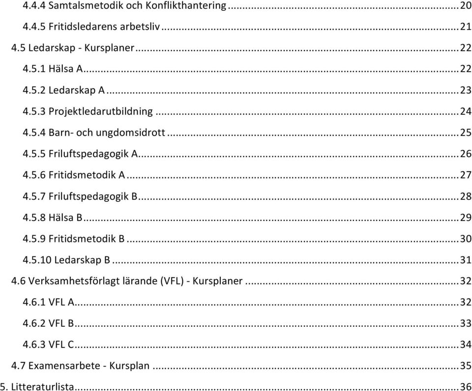 .. 28 4.5.8 Hälsa B... 29 4.5.9 Fritidsmetodik B... 30 4.5.10 Ledarskap B... 31 4.6 Verksamhetsförlagt lärande (VFL) - Kursplaner... 32 4.6.1 VFL A.