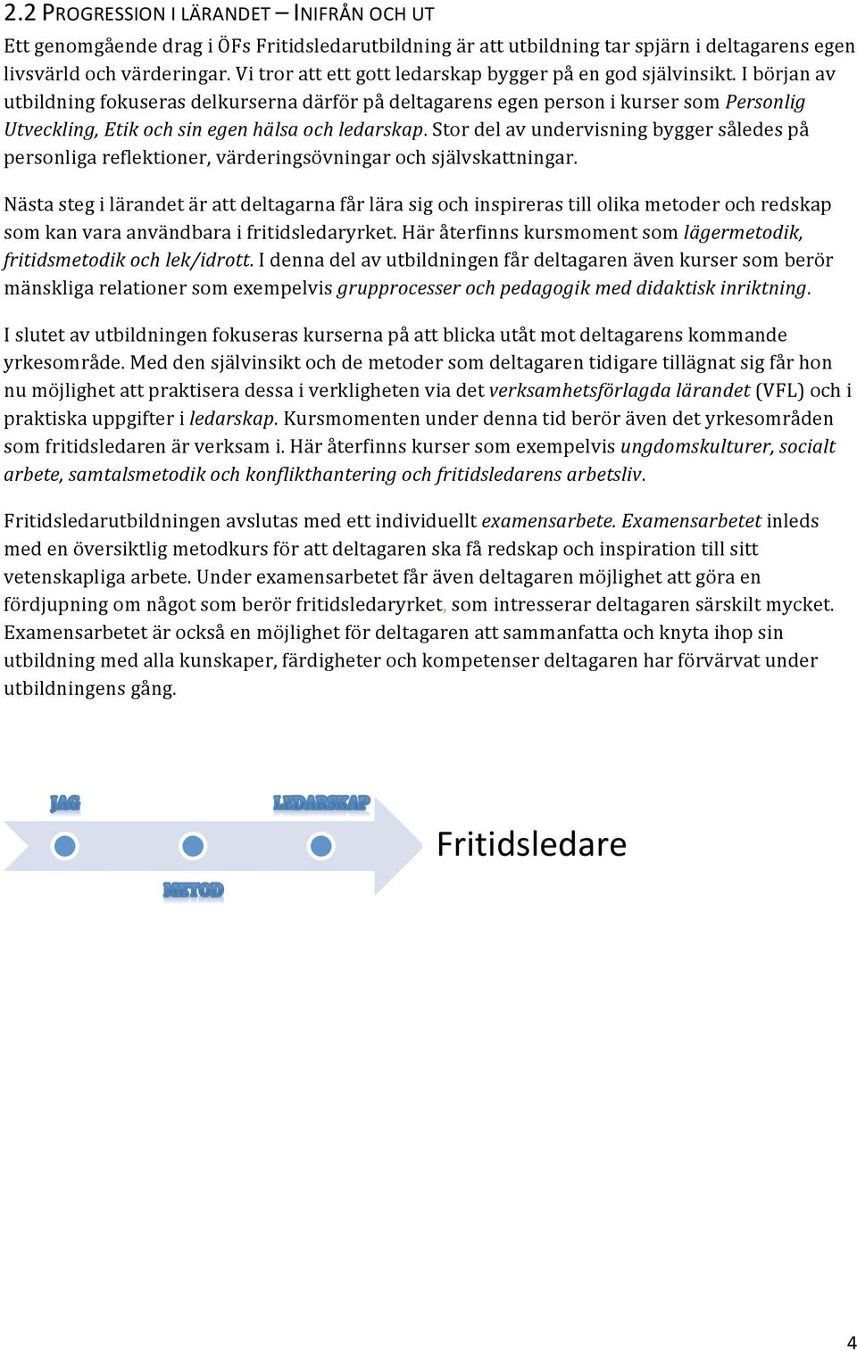 I början av utbildning fokuseras delkurserna därför på deltagarens egen person i kurser som Personlig Utveckling, Etik och sin egen hälsa och ledarskap.