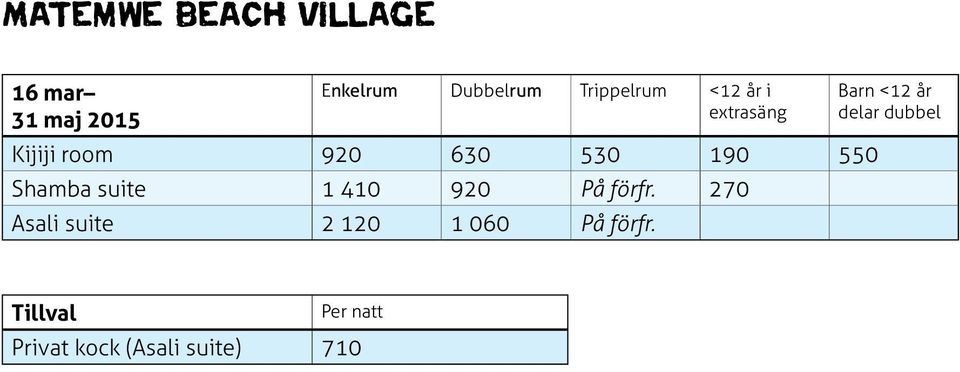 På förfr. 270 Asali suite 2 120 1 060 På förfr.