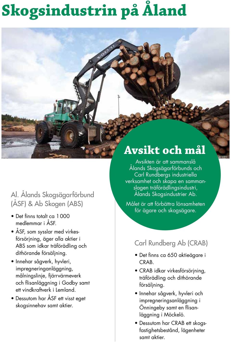 Innehar sågverk, hyvleri, impregneringanläggning, målningslinje, fjärrvärmeverk och flisanläggning i Godby samt ett vindkraftverk i Lemland. Dessutom har ÅSF ett visst eget skogsinnehav samt aktier.