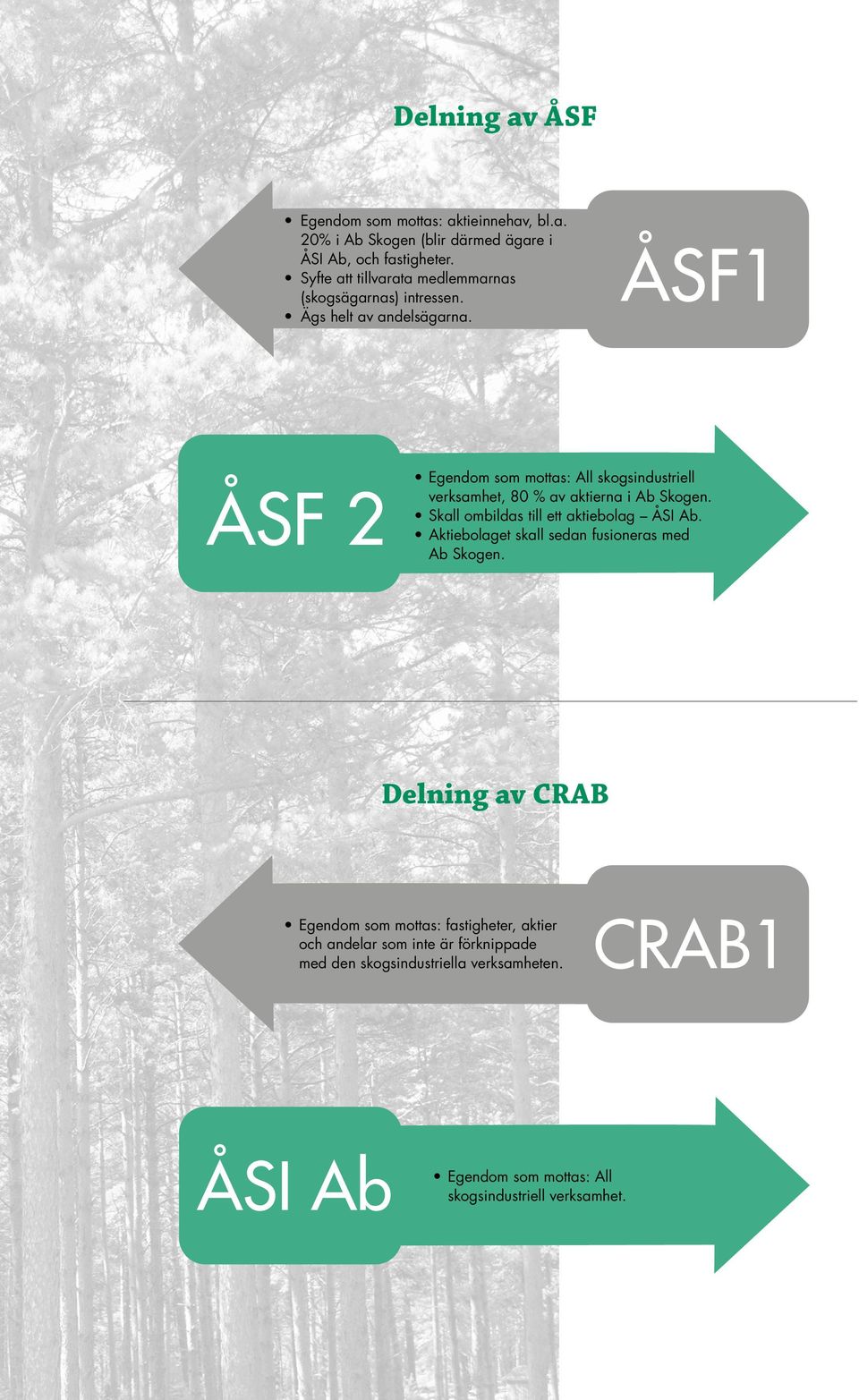 ÅSF 2 ÅSF1 Egendom som mottas: All skogsindustriell verksamhet, 80 % av aktierna i Ab Skogen. Skall ombildas till ett aktiebolag ÅSI Ab.