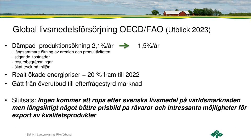 Gått från överutbud till efterfrågestyrd marknad Slutsats: Ingen kommer att ropa efter svenska livsmedel på världsmarknaden men