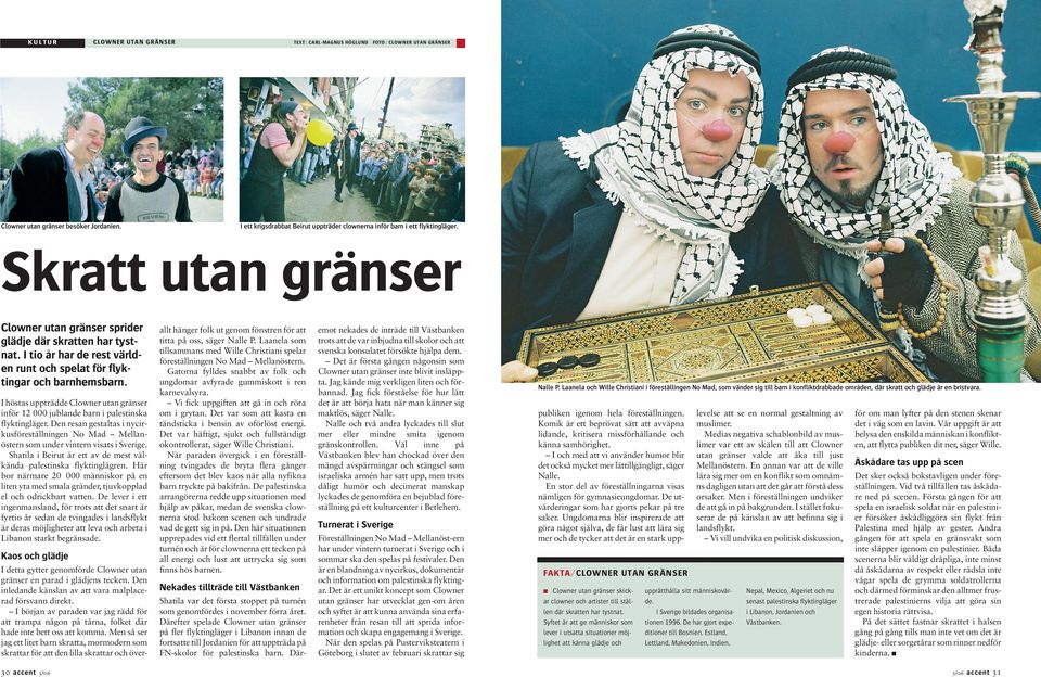 I höstas uppträdde Clowner utan gränser inför 12 000 jublande barn i palestinska flyktingläger. Den resan gestaltas i nycirkusföreställningen No Mad Mellanöstern som under vintern visats i Sverige.