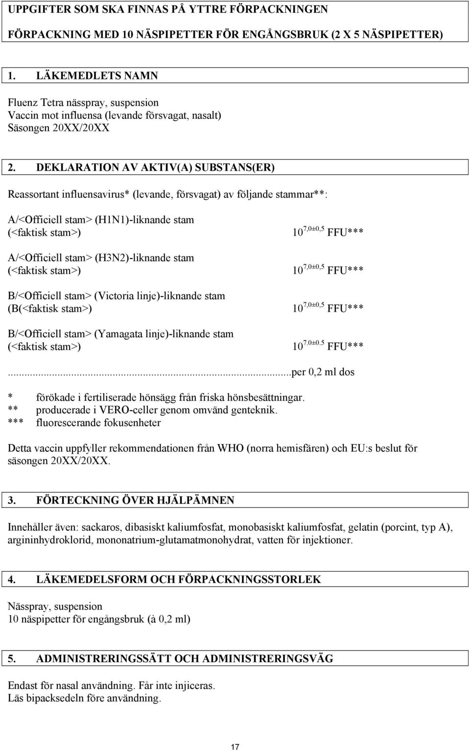 DEKLARATION AV AKTIV(A) SUBSTANS(ER) Reassortant influensavirus* (levande, försvagat) av följande stammar**: A/<Officiell stam> (H1N1)-liknande stam (<faktisk stam>) A/<Officiell stam>