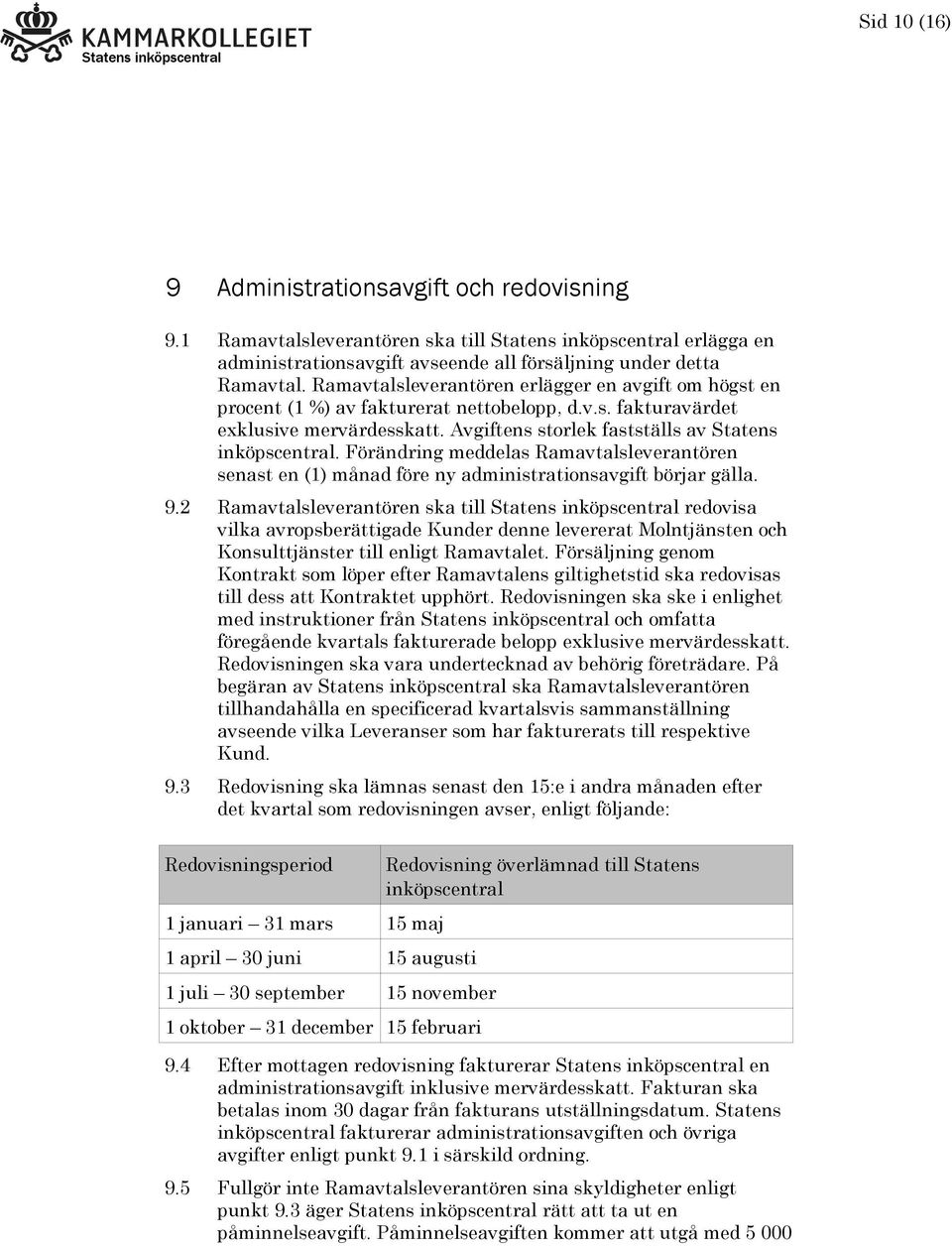 Förändring meddelas Ramavtalsleverantören senast en (1) månad före ny administrationsavgift börjar gälla. 9.