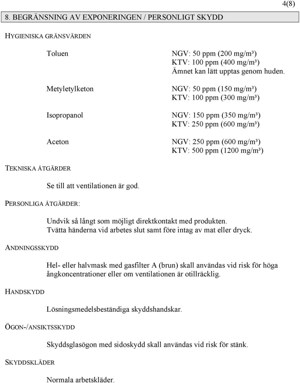 NGV: 50 ppm (150 mg/m³) KTV: 100 ppm (300 mg/m³) NGV: 150 ppm (350 mg/m³) KTV: 250 ppm (600 mg/m³) NGV: 250 ppm (600 mg/m³) KTV: 500 ppm (1200 mg/m³) TEKNISKA ÅTGÄRDER PERSONLIGA ÅTGÄRDER: Se till