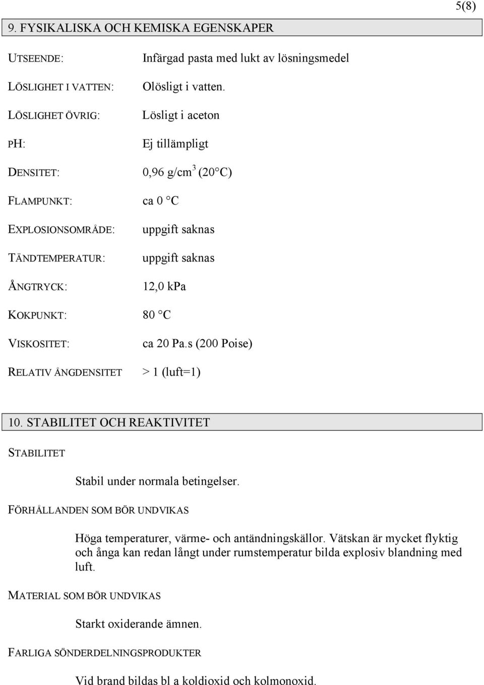 ÅNGDENSITET ca 20 Pa.s (200 Poise) > 1 (luft=1) 10. STABILITET OCH REAKTIVITET STABILITET Stabil under normala betingelser.