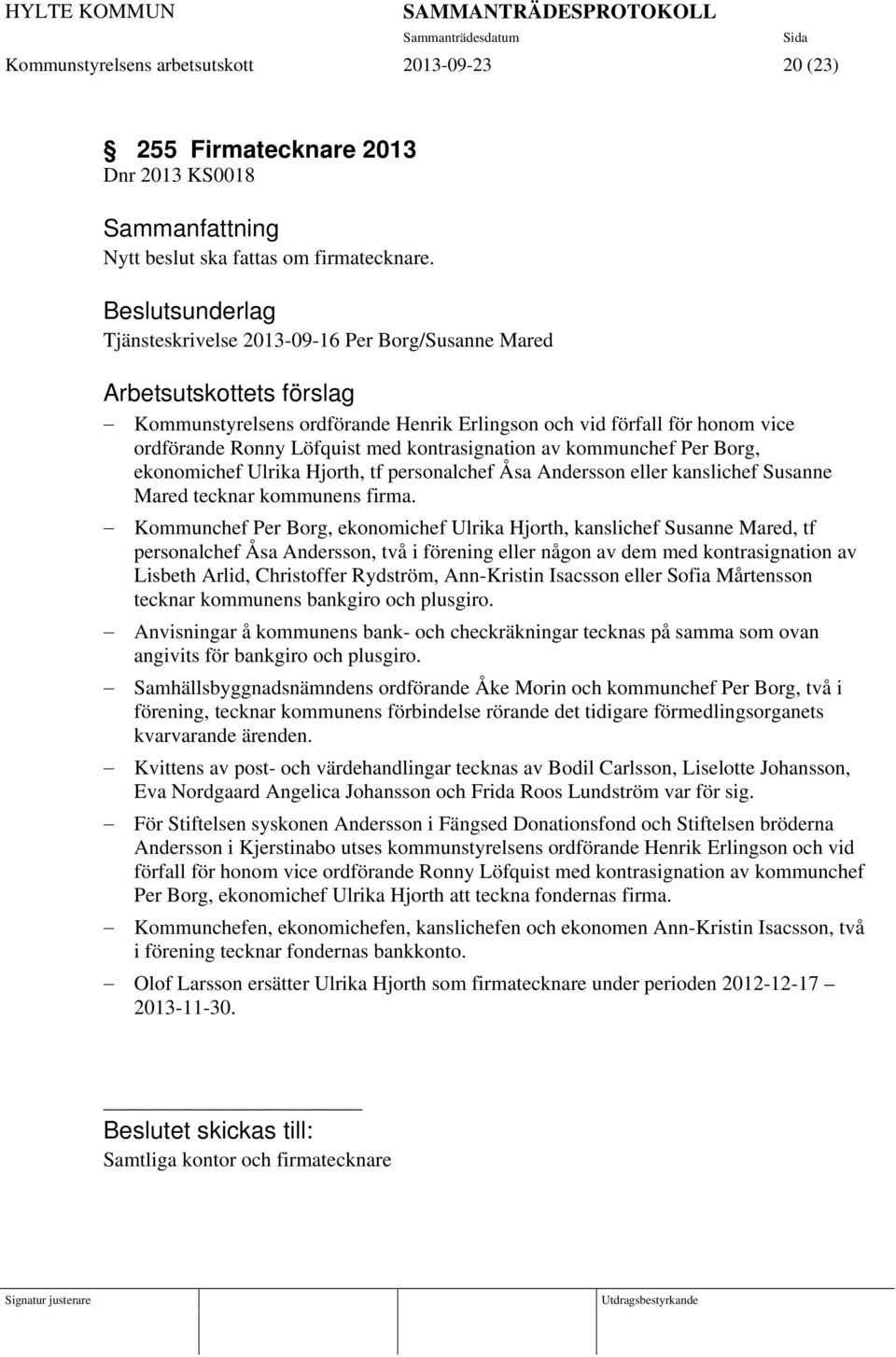kontrasignation av kommunchef Per Borg, ekonomichef Ulrika Hjorth, tf personalchef Åsa Andersson eller kanslichef Susanne Mared tecknar kommunens firma.
