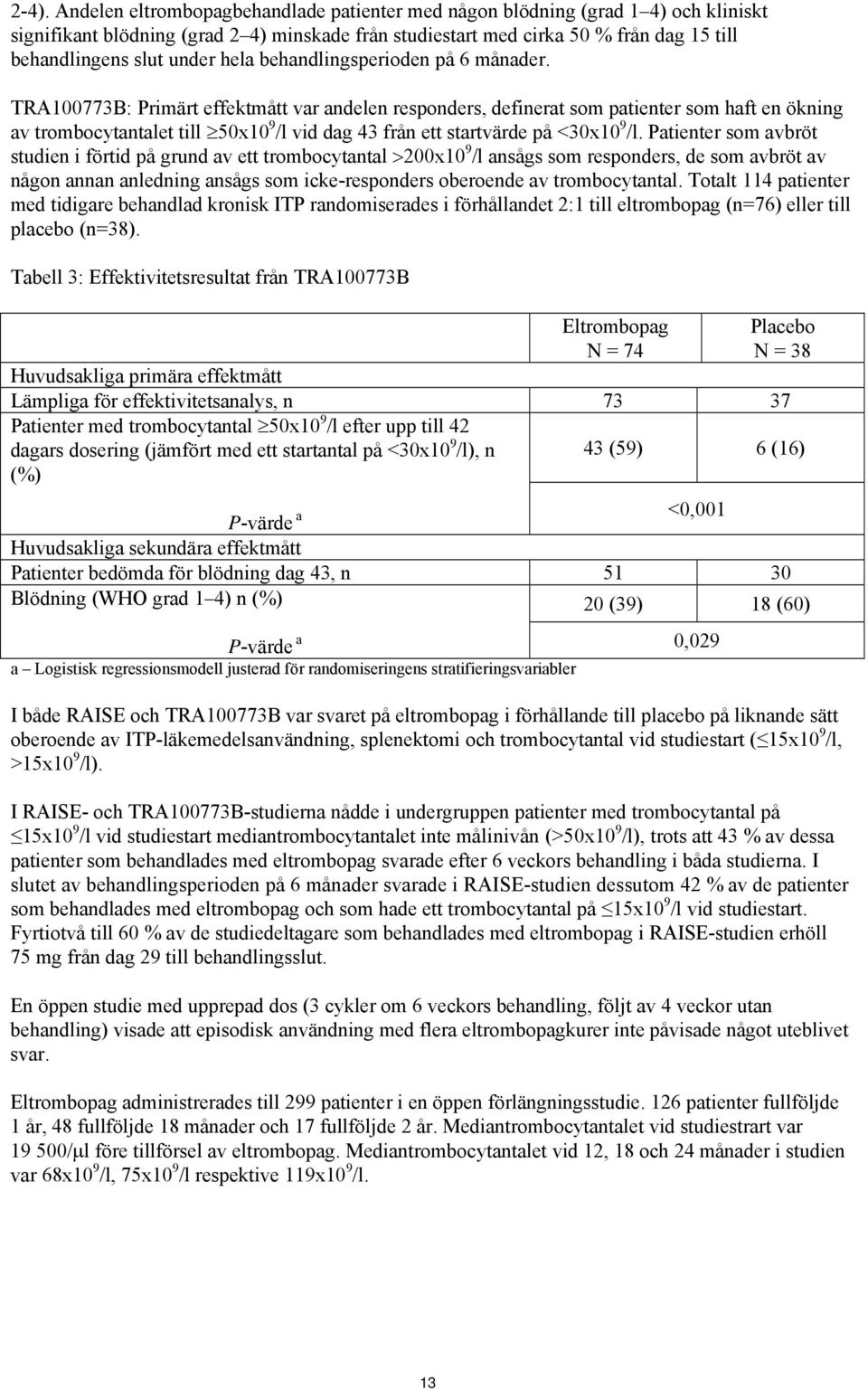 TRA100773B: Primärt effektmått var andelen responders, definerat som patienter som haft en ökning av trombocytantalet till 50x10 9 /l vid dag 43 från ett startvärde på <30x10 9 /l.