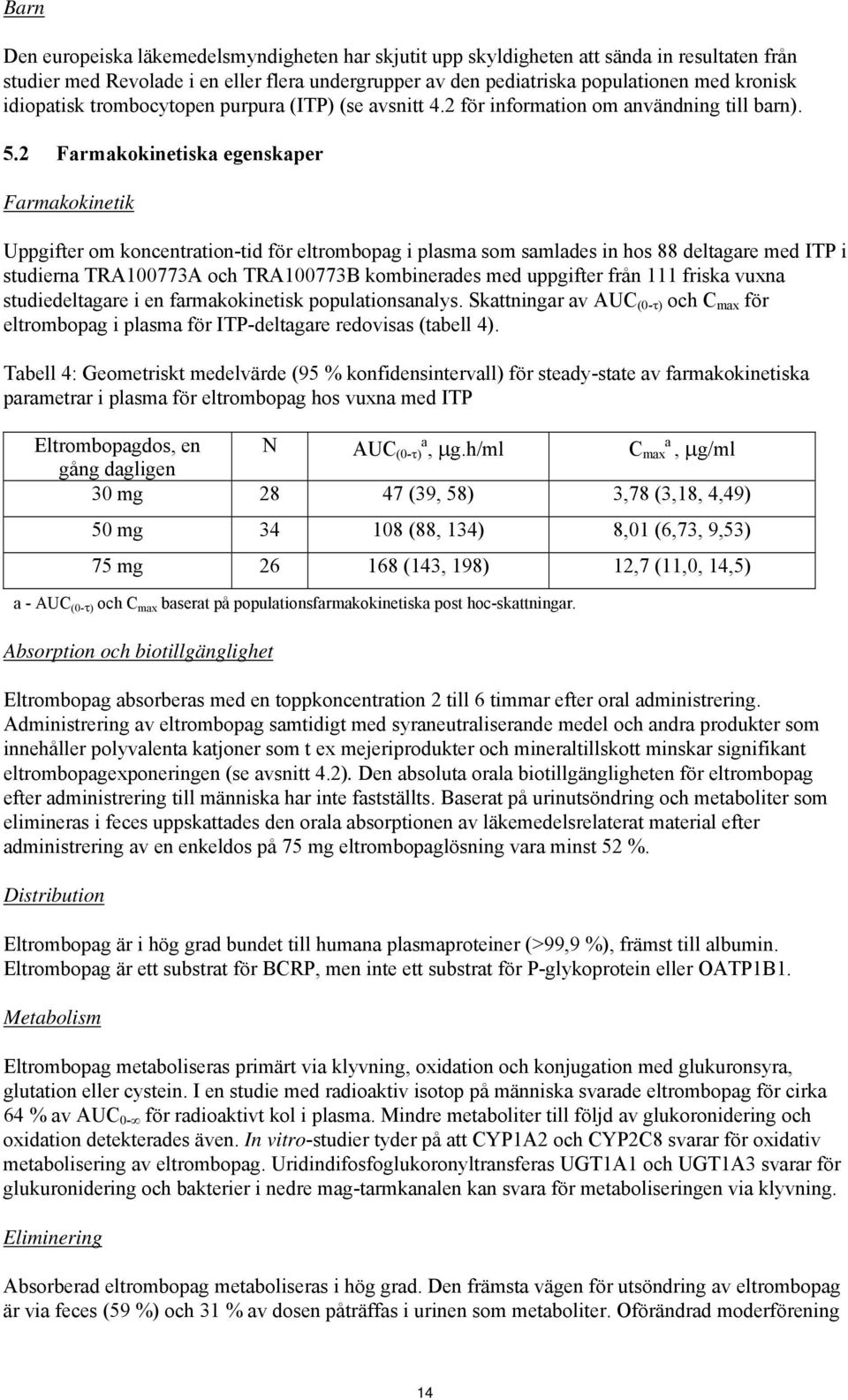 2 Farmakokinetiska egenskaper Farmakokinetik Uppgifter om koncentration-tid för eltrombopag i plasma som samlades in hos 88 deltagare med ITP i studierna TRA100773A och TRA100773B kombinerades med