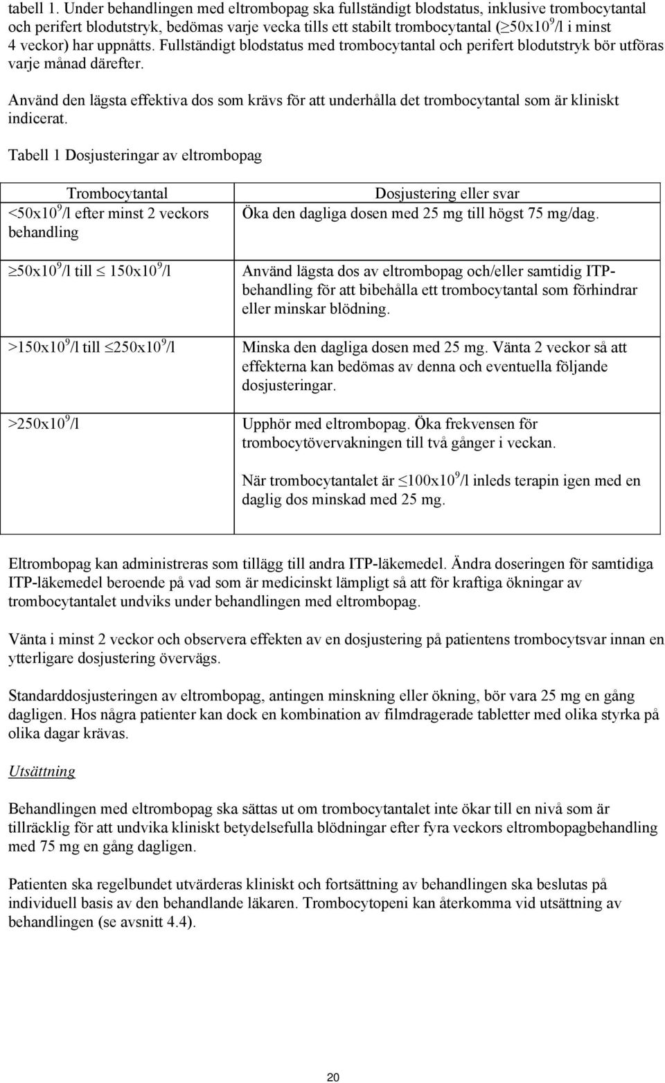 har uppnåtts. Fullständigt blodstatus med trombocytantal och perifert blodutstryk bör utföras varje månad därefter.