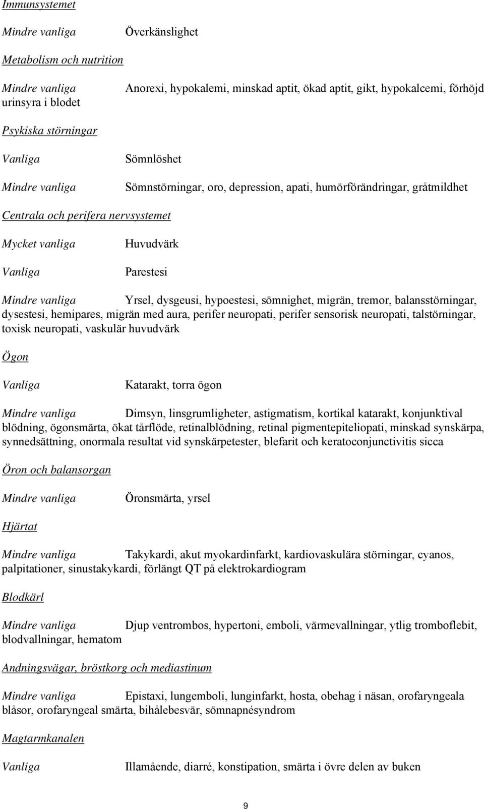 Yrsel, dysgeusi, hypoestesi, sömnighet, migrän, tremor, balansstörningar, dysestesi, hemipares, migrän med aura, perifer neuropati, perifer sensorisk neuropati, talstörningar, toxisk neuropati,