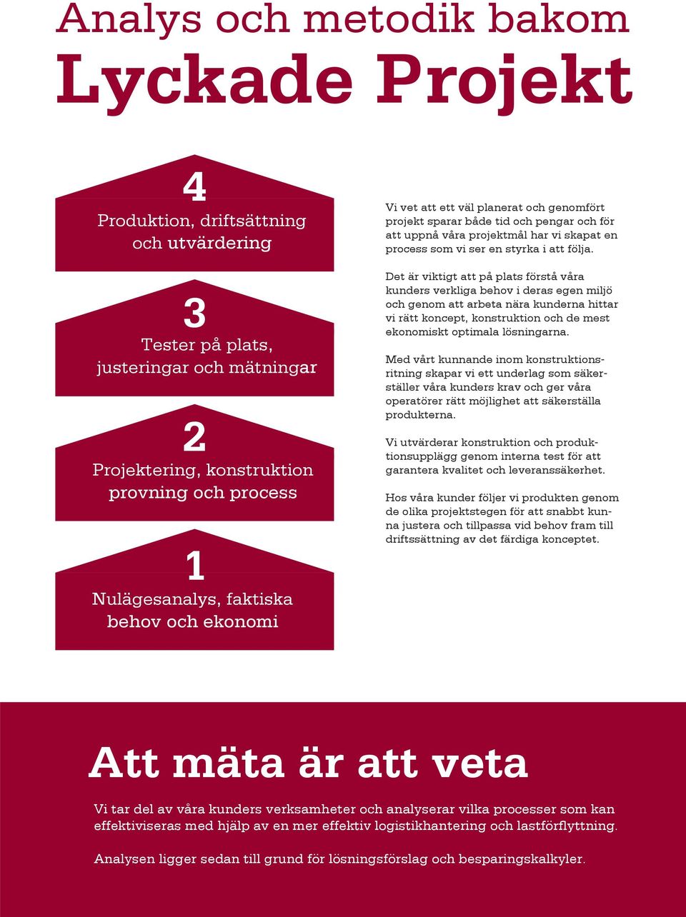 Det är viktigt att på plats förstå våra kunders verkliga behov i deras egen miljö och genom att arbeta nära kunderna hittar vi rätt koncept, konstruktion och de mest ekonomiskt optimala lösningarna.