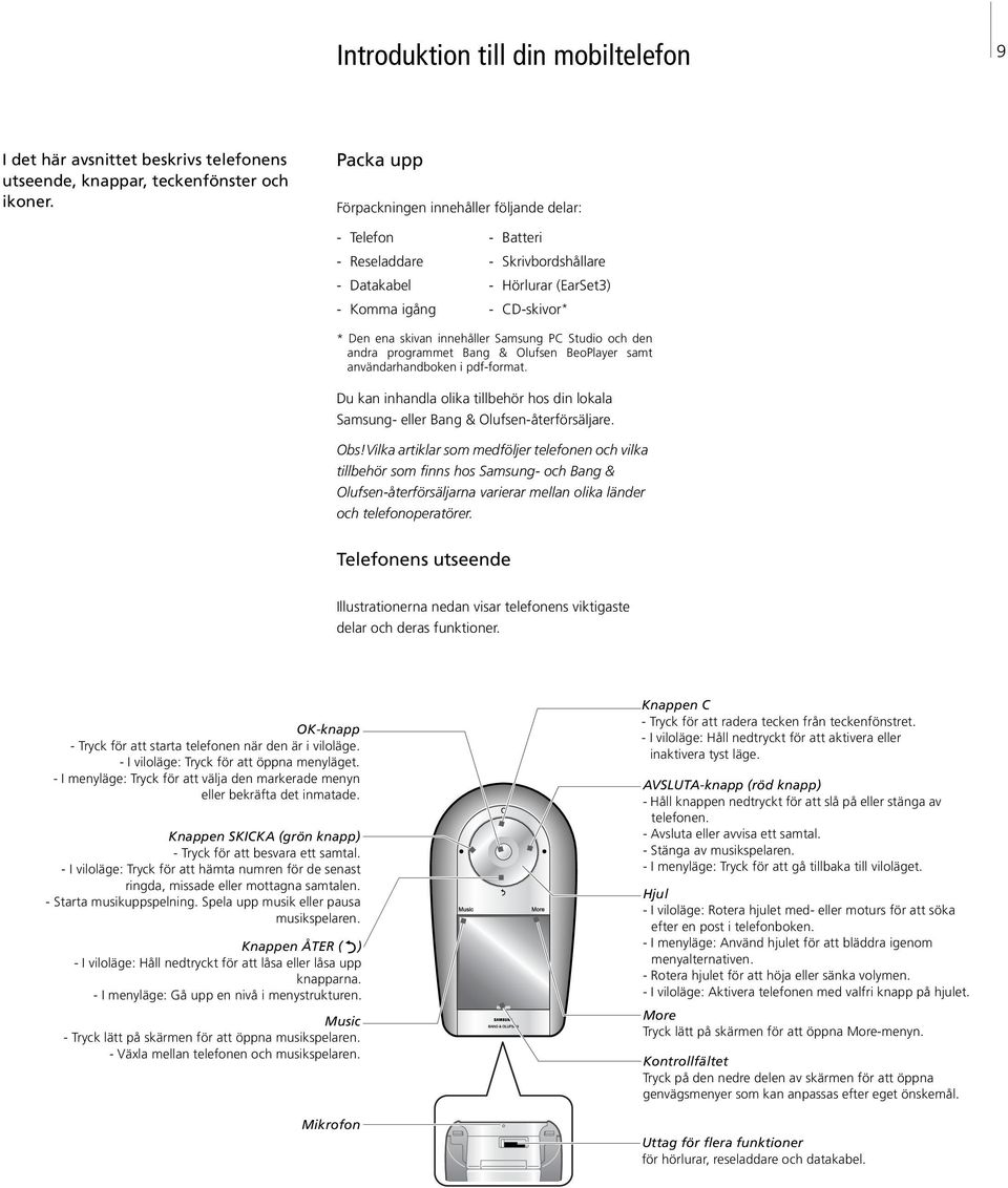 Samsung PC Studio och den andra programmet Bang & Olufsen BeoPlayer samt användarhandboken i pdf-format. Du kan inhandla olika tillbehör hos din lokala Samsung- eller Bang & Olufsen-återförsäljare.