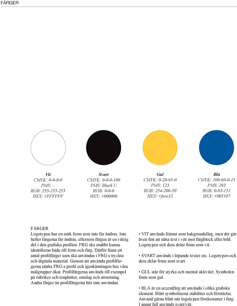 FRG ska snabbt kunna identifieras både till form och färg. Därför finns ett antal profilfärger som ska användas i FRG:s tryckta och digitala material.