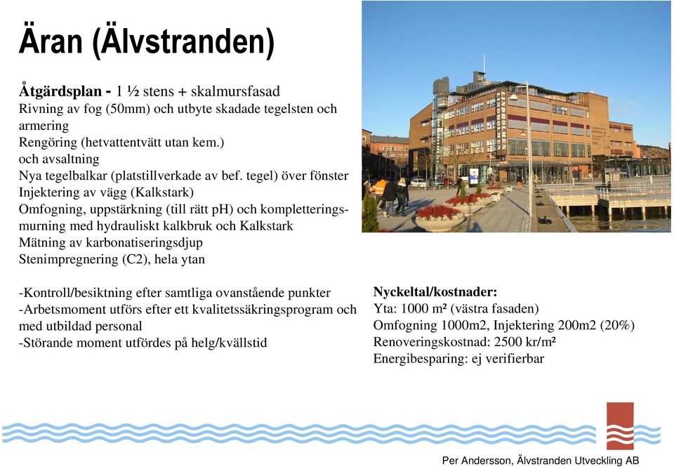 tegel) över fönster Injektering av vägg (Kalkstark) Omfogning, uppstärkning (till rätt ph) och kompletteringsmurning med hydrauliskt kalkbruk och Kalkstark Mätning av karbonatiseringsdjup