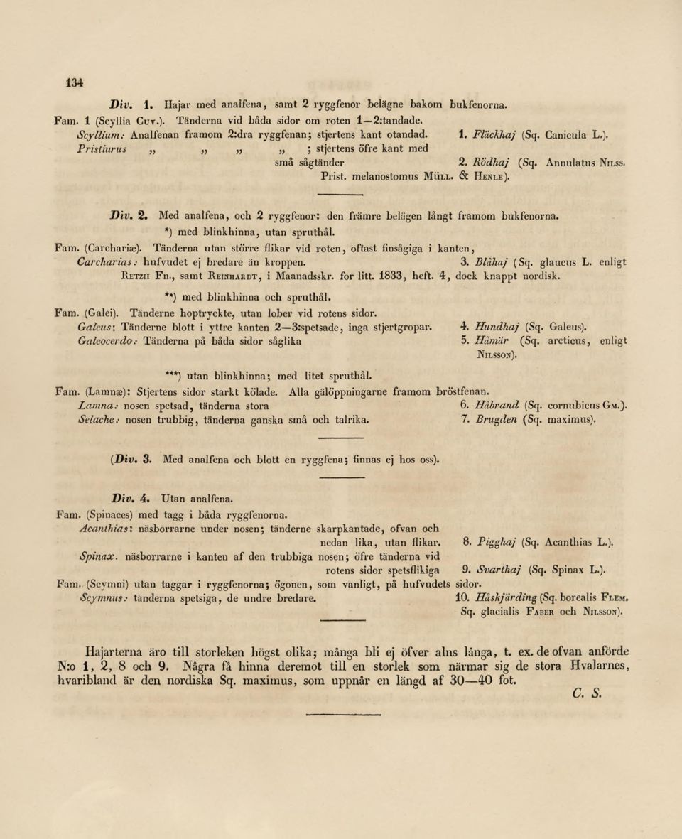 & Henle). Div. 2. Med analfena, och 2 ryggfenor: den främre belägen långt framom bukfenorna. *) med blinkhinna, utan spruthål. Fam. (Careharice).