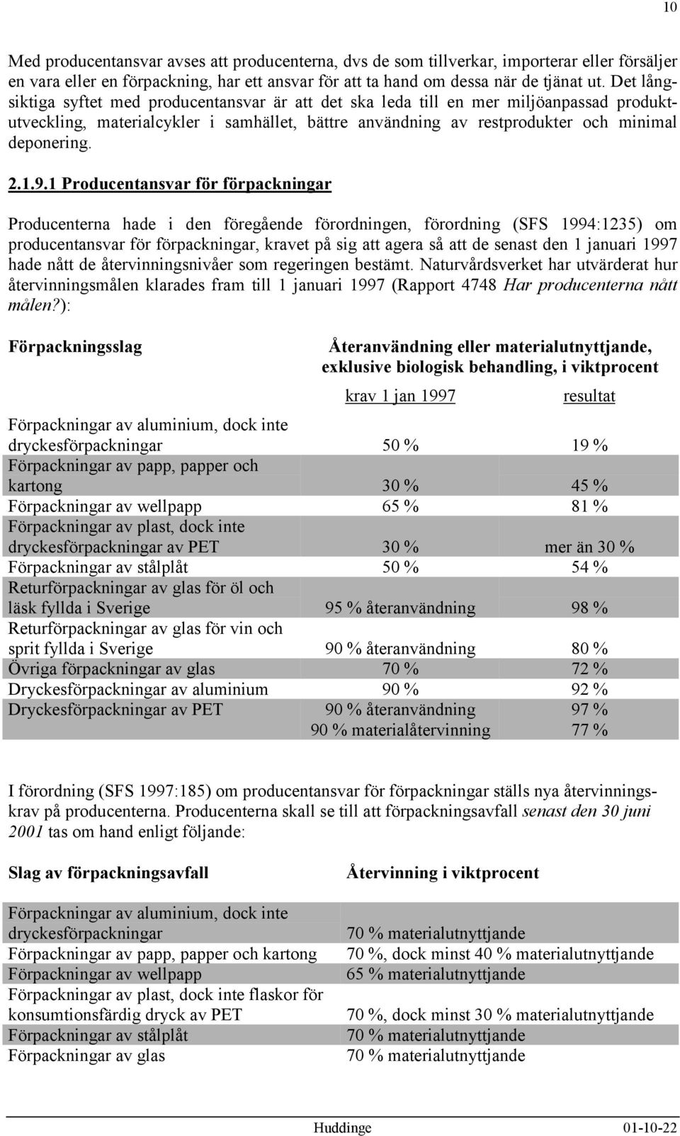 9.1 Producentansvar för förpackningar Producenterna hade i den föregående förordningen, förordning (SFS 1994:1235) om producentansvar för förpackningar, kravet på sig att agera så att de senast den 1