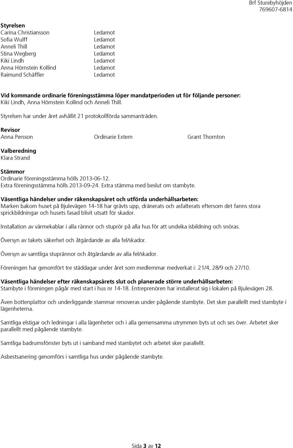 Revisor Anna Persson Ordinarie Extern Grant Thornton Valberedning Klara Strand Stämmor Ordinarie föreningsstämma hölls 2013-06-12. Extra föreningsstämma hölls 2013-09-24.