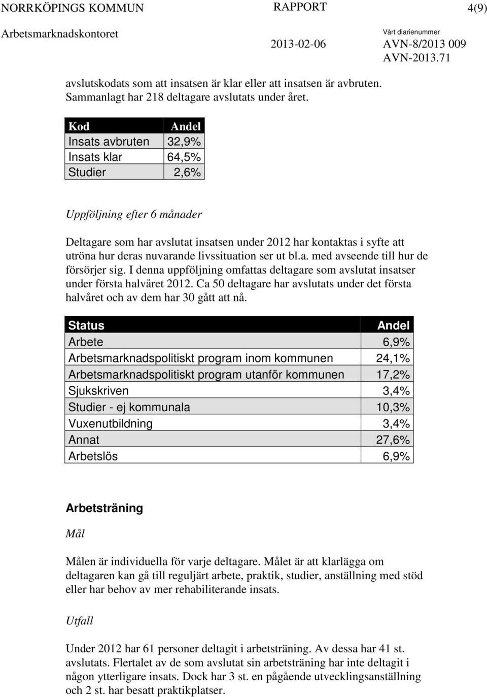 I denna uppföljning omfattas deltagare som avslutat insatser under första halvåret 2012. Ca 50 deltagare har avslutats under det första halvåret och av dem har 30 gått att nå.