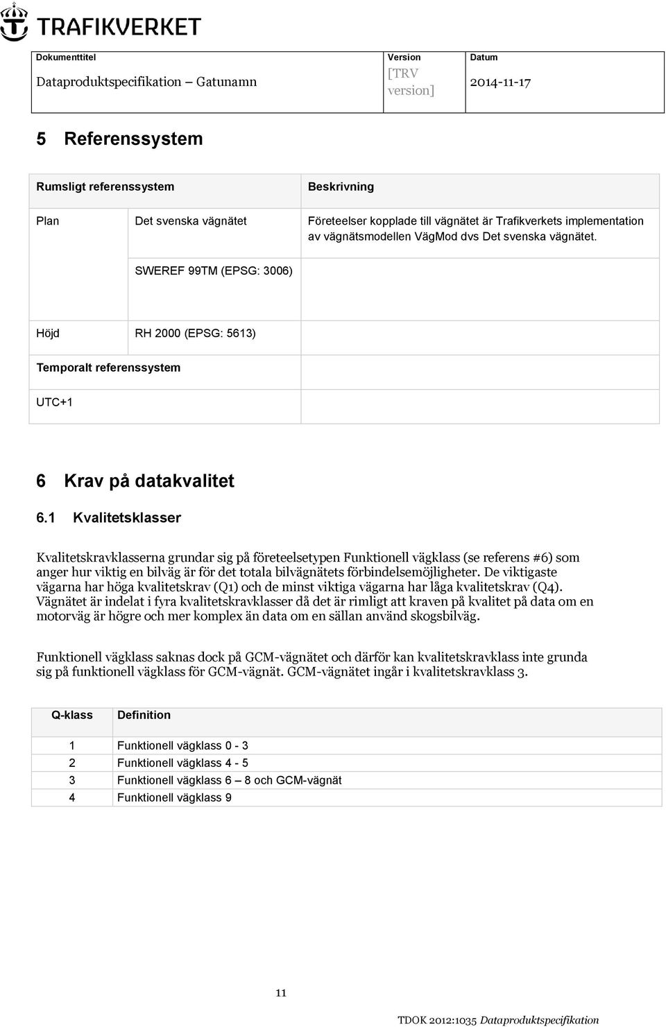 1 Kvalitetsklasser Kvalitetskravklasserna grundar sig på företeelsetypen Funktionell vägklass (se referens #6) som anger hur viktig en bilväg är för det totala bilvägnätets förbindelsemöjligheter.