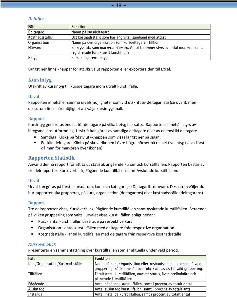 Kursdeltagarens betyg Längst ner finns knappar för att skriva ut rapporten eller exportera den till Excel. Kursintyg Utskrift av kursintyg till kursdeltagare inom utvalt kurstillfälle.