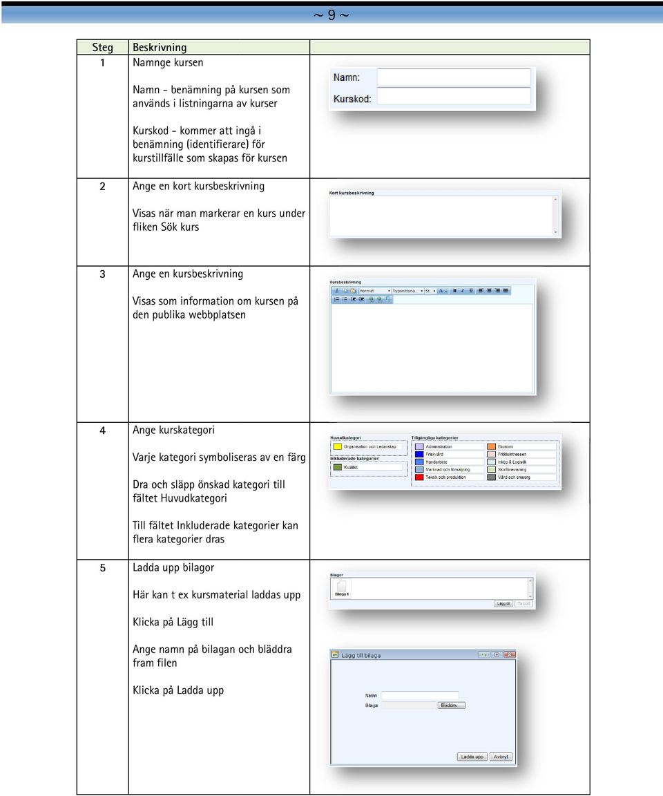 kursen på den publika webbplatsen 4 Ange kurskategori Varje kategori symboliseras av en färg Dra och släpp önskad kategori till fältet Huvudkategori Till fältet