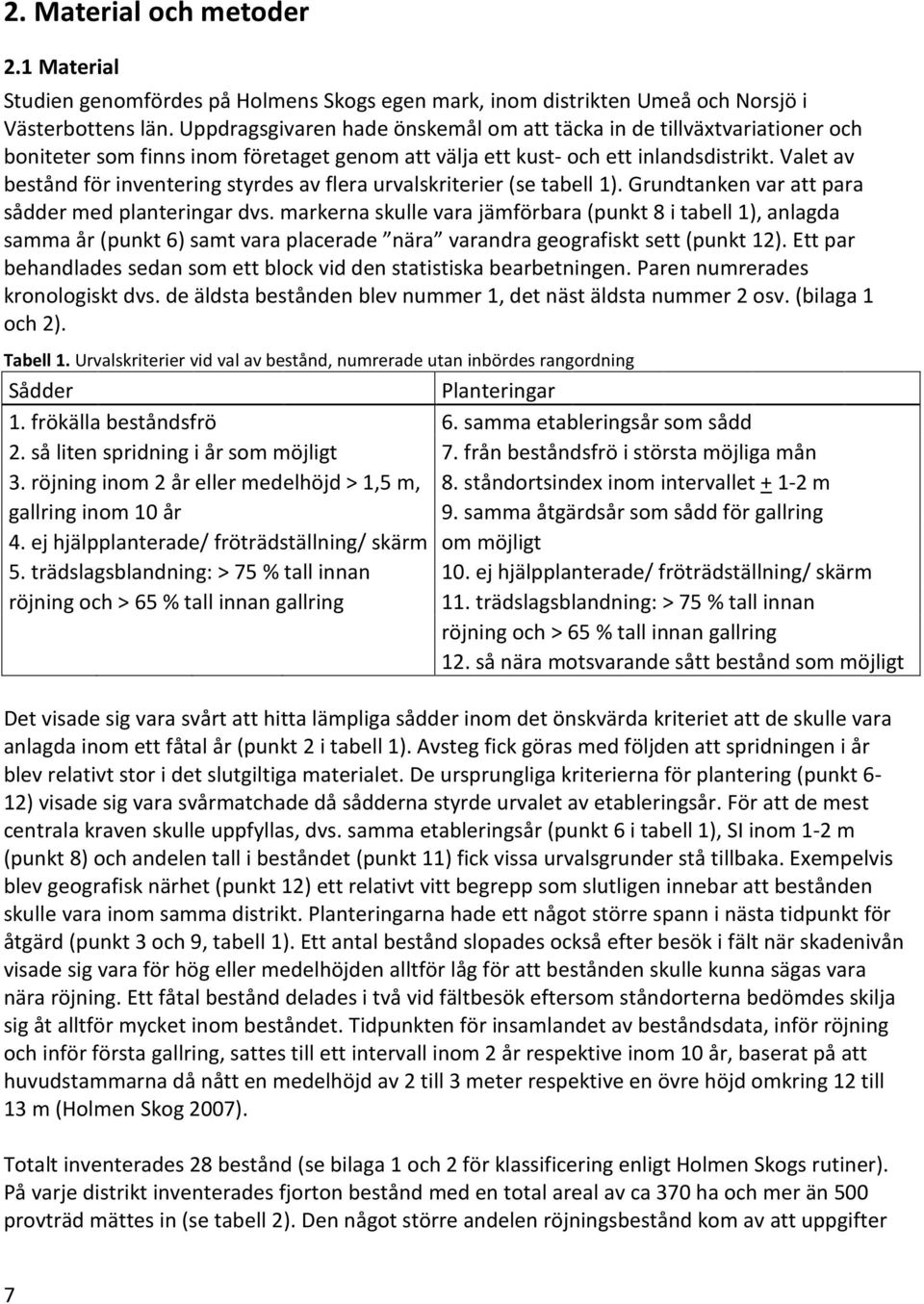 Valet av bestånd för inventering styrdes av flera urvalskriterier (se tabell 1). Grundtanken var att para sådder med planteringar dvs.