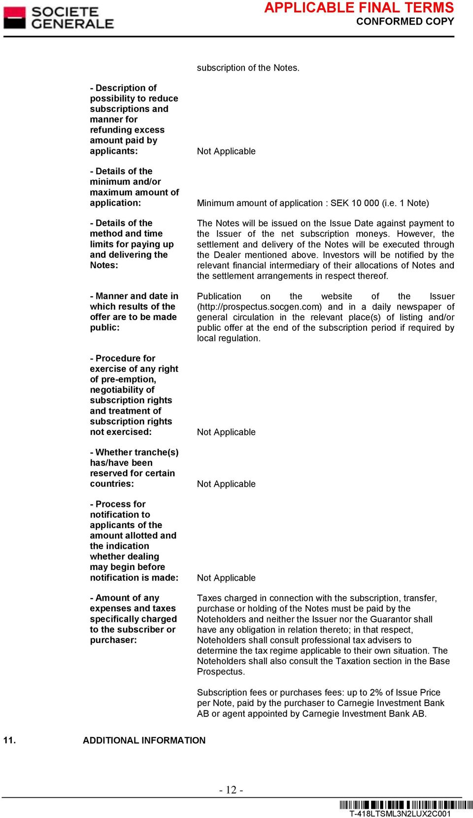 and time limits for paying up and delivering the Notes: - Manner and date in which results of the offer are to be made public: - Procedure for exercise of any right of pre-emption, negotiability of