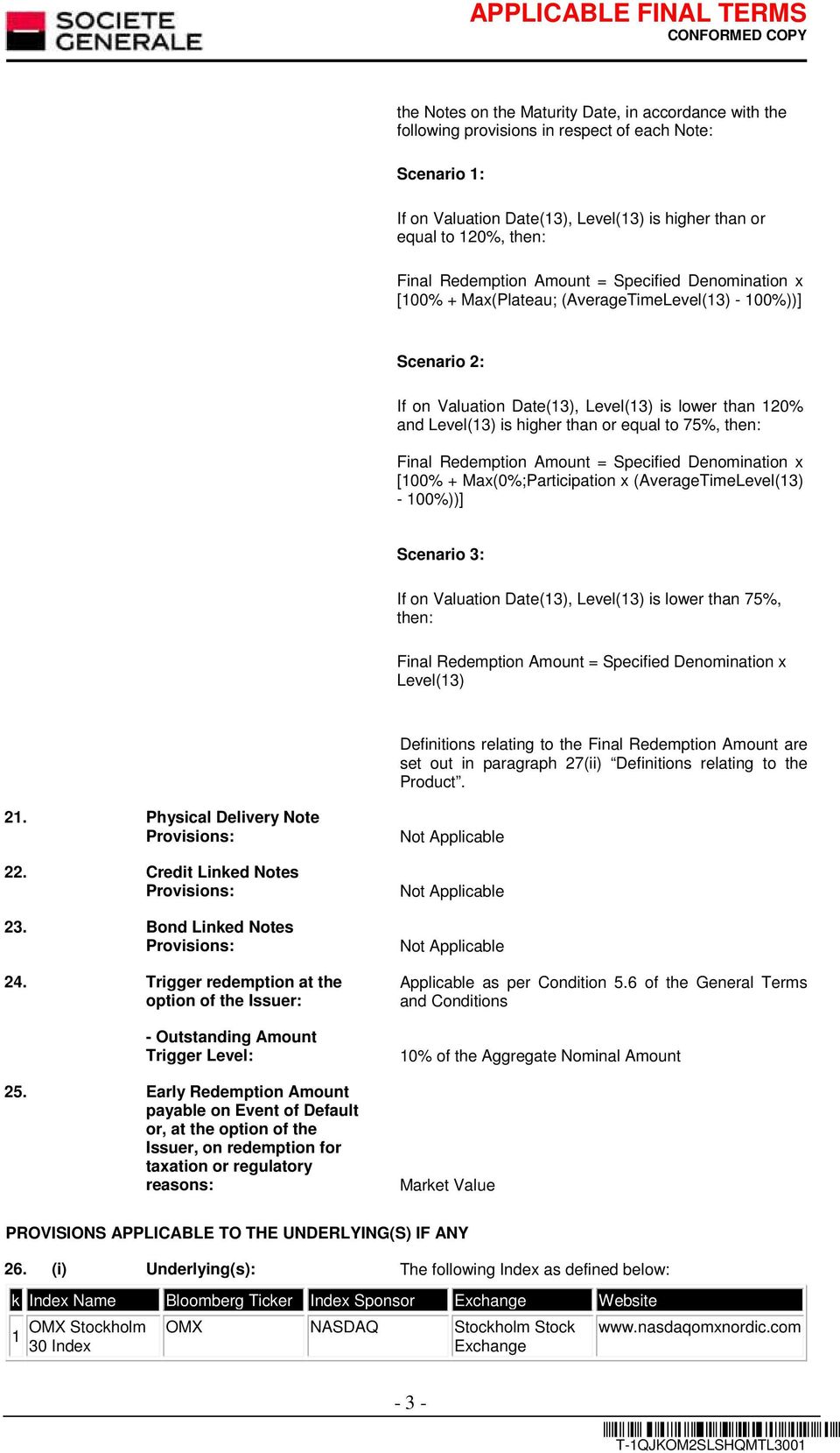 equal to 75%, then: Final Redemption Amount = Specified Denomination x [100% + Max(0%;Participation x (AverageTimeLevel(13) - 100%))] Scenario 3: If on Valuation Date(13), Level(13) is lower than