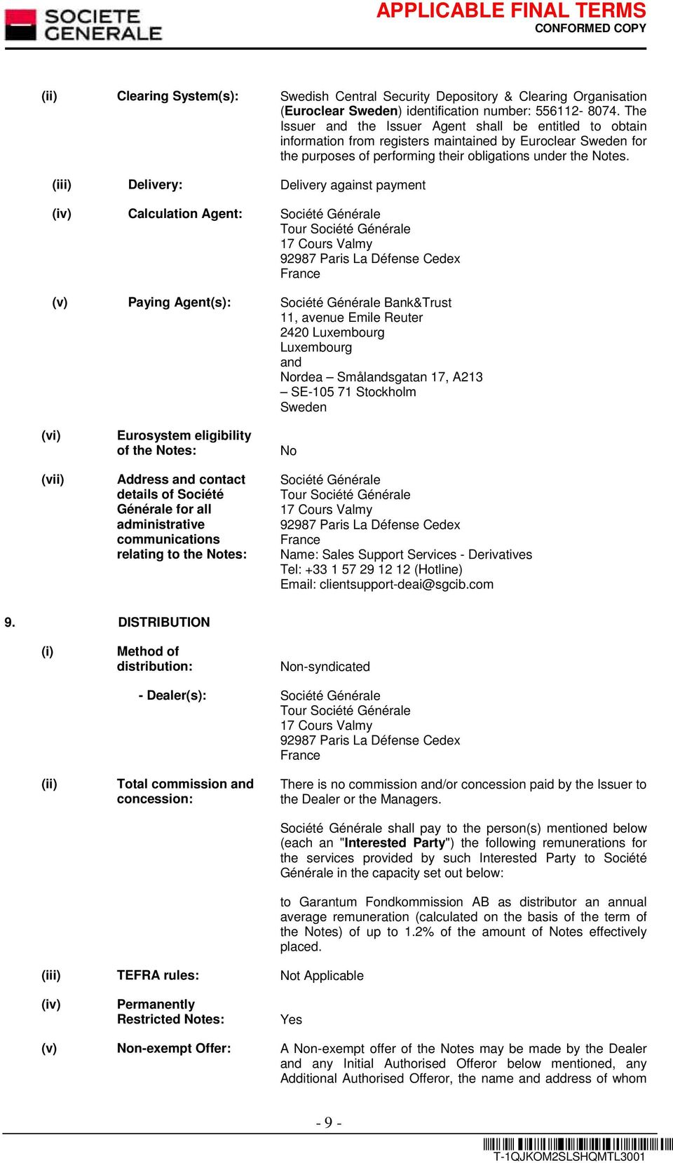 (iii) Delivery: Delivery against payment (iv) Calculation Agent: Société Générale Tour Société Générale 17 Cours Valmy 92987 Paris La Défense Cedex France (v) Paying Agent(s): Société Générale