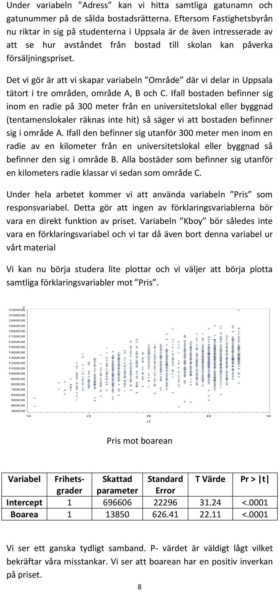 Det vi gör är att vi skapar variabeln Område där vi delar in Uppsala tätort i tre områden, område A, B och C.