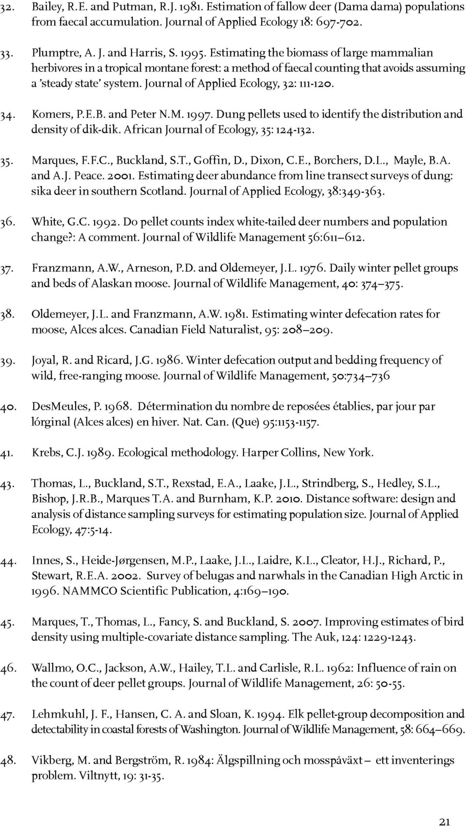 Komers, P.E.B. and Peter N.M. 1997. Dung pellets used to identify the distribution and density of dik-dik. African Journal of Ecology, 35: 124-132. 35. Marques, F.F.C., Buckland, S.T., Goffin, D.