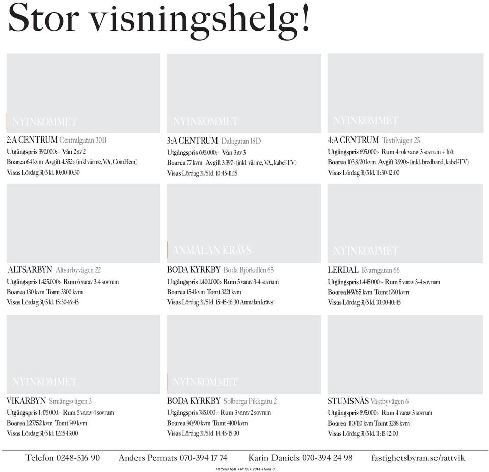 10:45-11:15 4:A CENTRUM Textilvägen 25 Utgångspris 695.000:- Rum 4 rok varav 3 sovrum + loft Boarea 103,8/20 kvm Avgift 3.990:- (inkl. bredband, kabel-tv) Visas Lördag 31/5 kl.