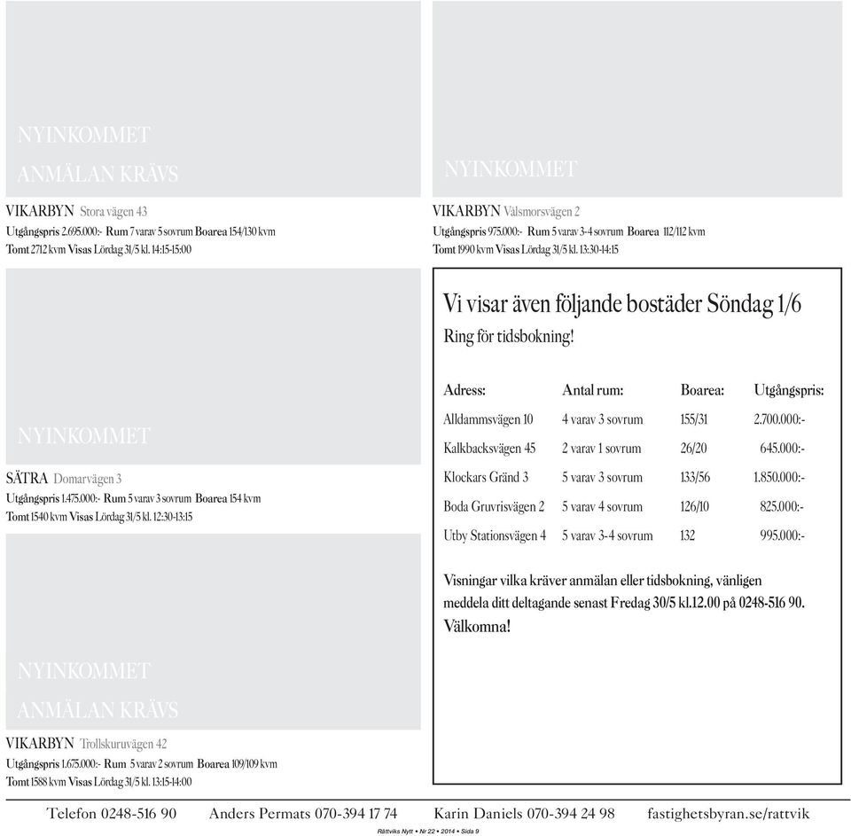 13:30-14:15 Vi visar även följande bostäder Söndag 1/6 Ring för tidsbokning! Adress: Antal rum: Boarea: Utgångspris: NYINKOMMET SÄTRA Domarvägen 3 Utgångspris 1.475.