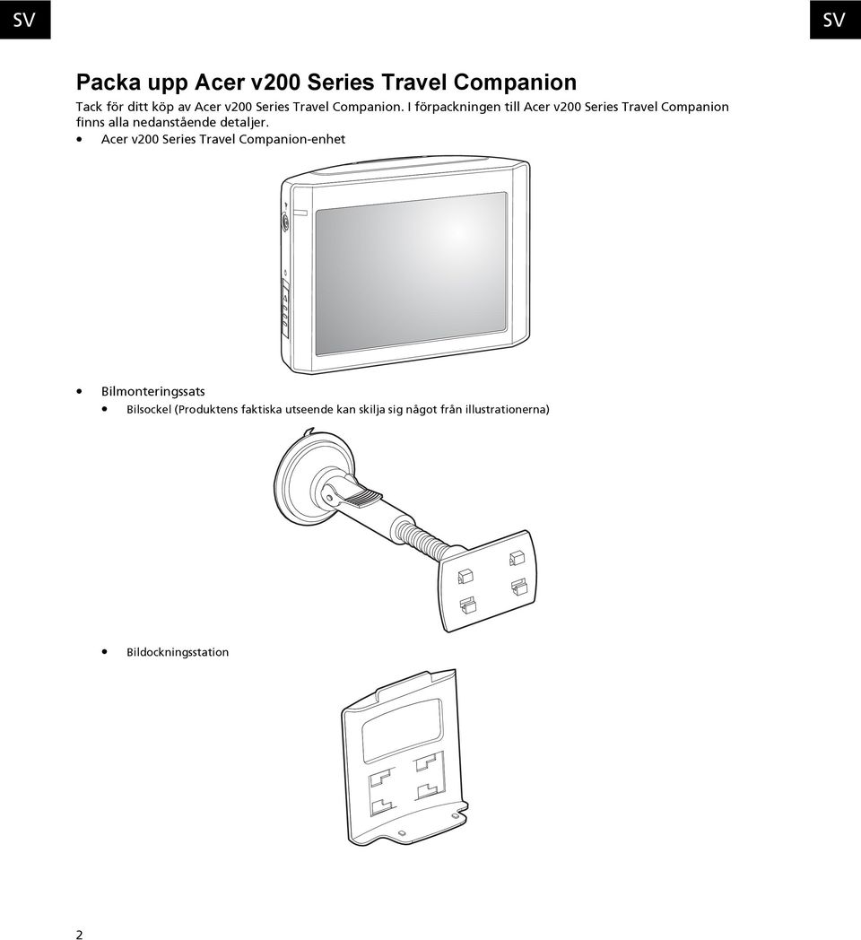 I förpackningen till Acer v200 Series Travel Companion finns alla nedanstående detaljer.