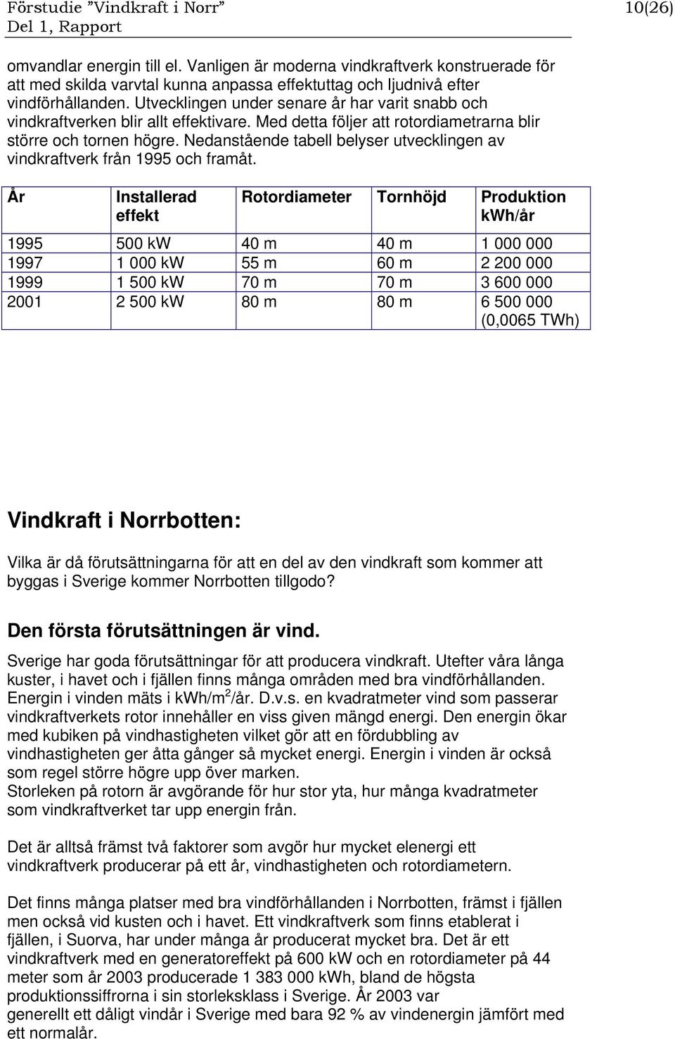 Nedanstående tabell belyser utvecklingen av vindkraftverk från 1995 och framåt.