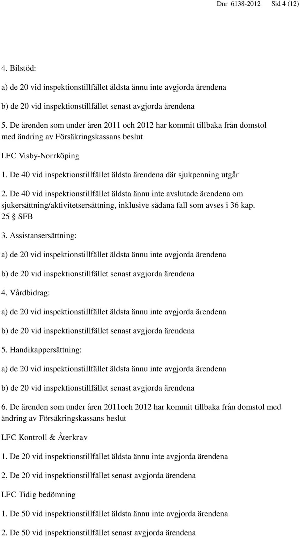 De 40 vid inspektionstillfället äldsta ännu inte avslutade ärendena om sjukersättning/aktivitetsersättning, inklusive sådana fall som avses i 36 kap. 25 SFB 3. Assistansersättning: 4. Vårdbidrag: 5.