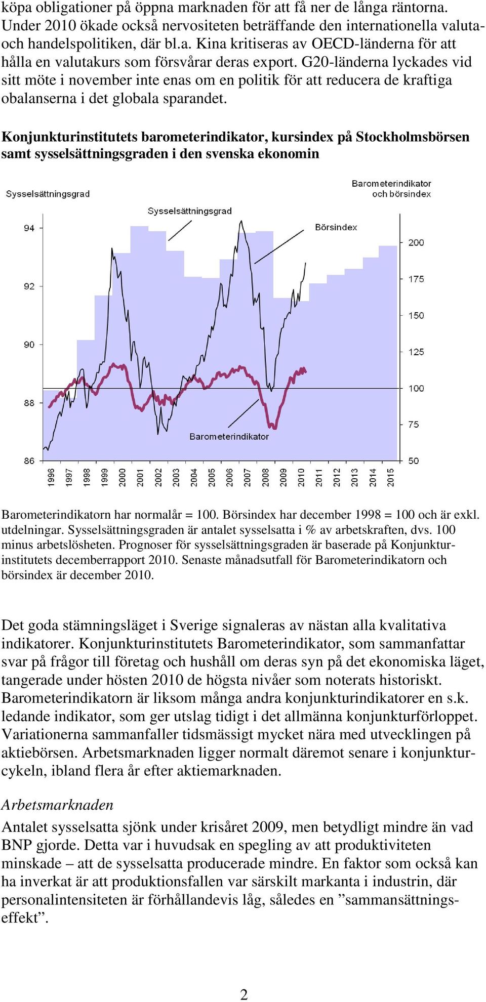 Konjunkturinstitutets barometerindikator, kursindex på Stockholmsbörsen samt sysselsättningsgraden i den svenska ekonomin Barometerindikatorn har normalår = 100.