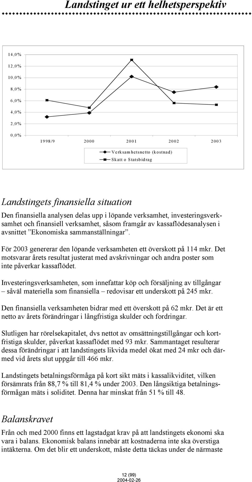 För 2003 genererar den löpande verksamheten ett överskott på 114 mkr. Det motsvarar årets resultat justerat med avskrivningar och andra poster som inte påverkar kassaflödet.