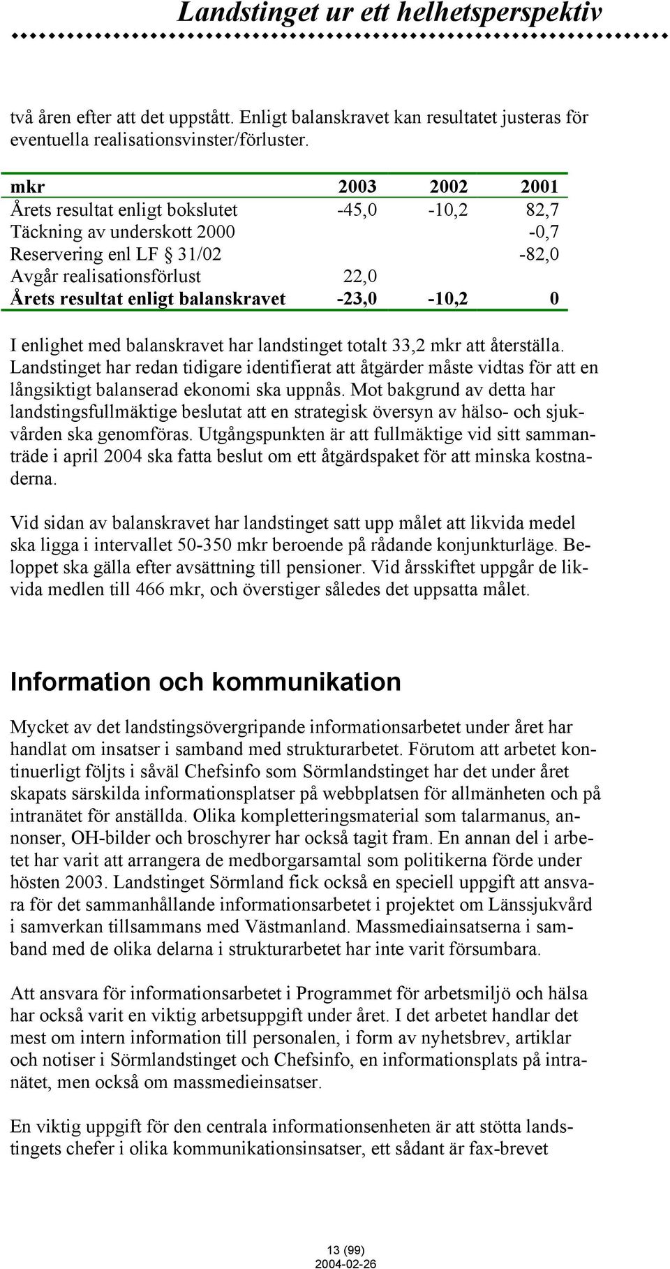 -23,0-10,2 0 I enlighet med balanskravet har landstinget totalt 33,2 mkr att återställa.