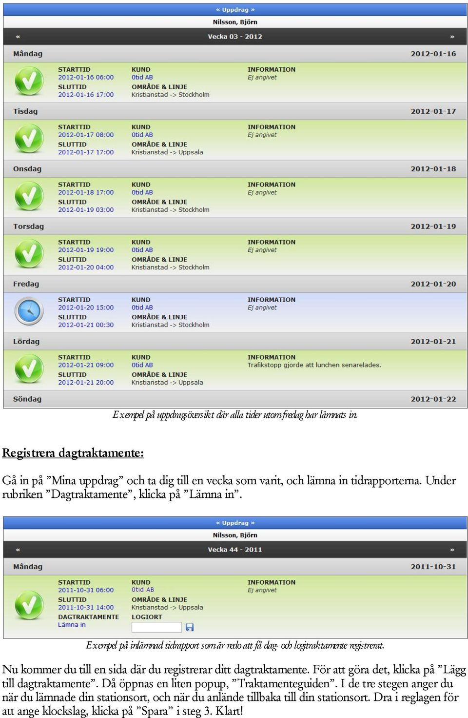 Exempel på inlämnad tidrapport som är redo att få dag- och logitraktamente registrerat. Nu kommer du till en sida där du registrerar ditt dagtraktamente.