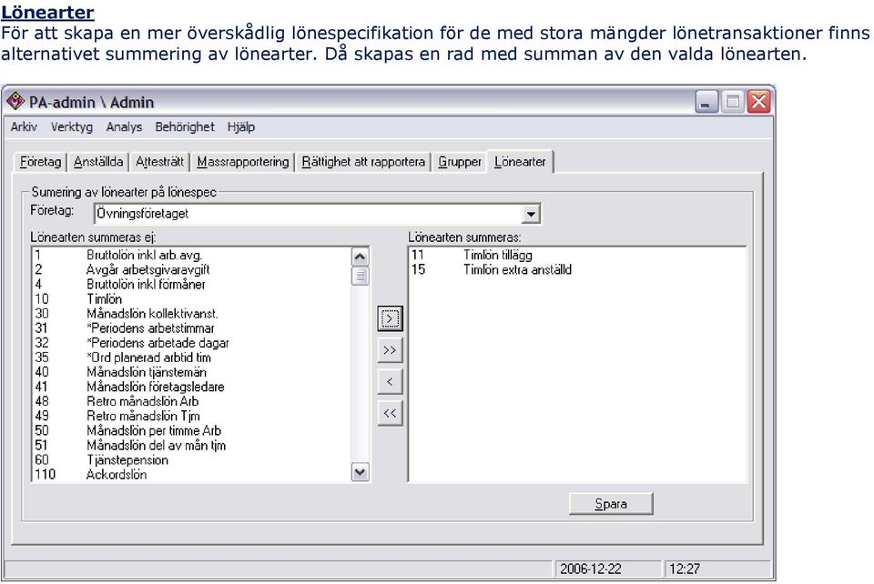 lönetransaktioner finns alternativet summering av