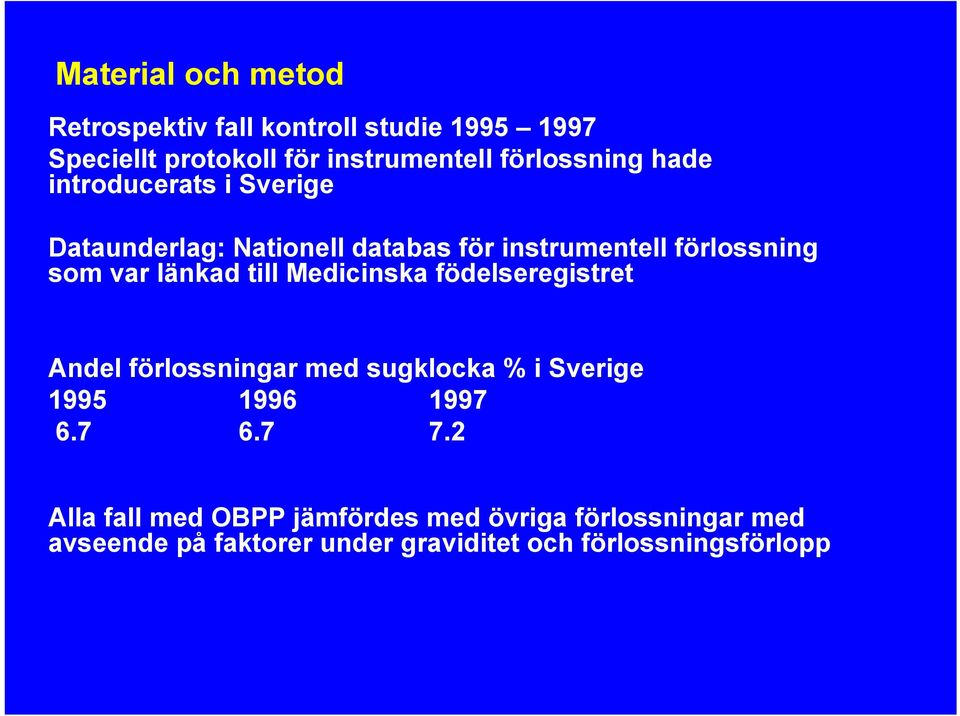 länkad till Medicinska födelseregistret Andel förlossningar med sugklocka % i Sverige 1995 1996 1997 6.7 6.7 7.