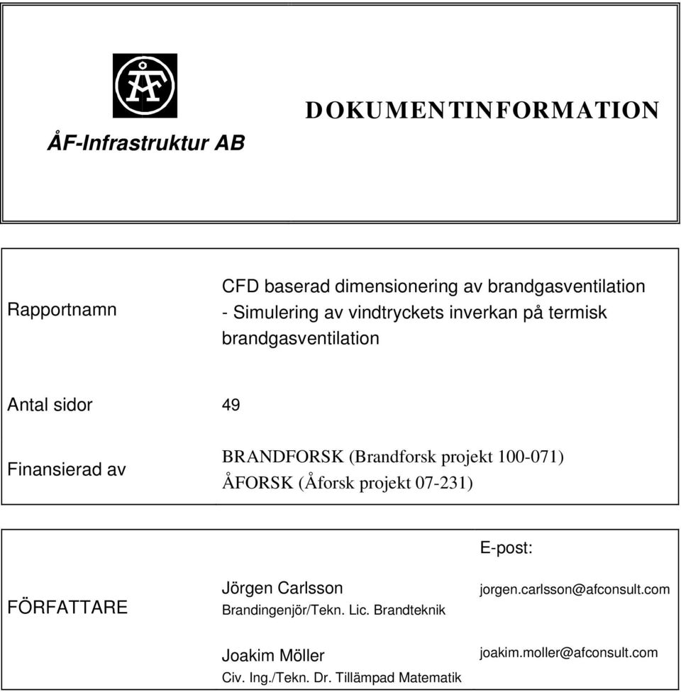 (Brandforsk projekt 100-071) ÅFORSK (Åforsk projekt 07-231) E-post: FÖRFATTARE Jörgen Carlsson Brandingenjör/Tekn.