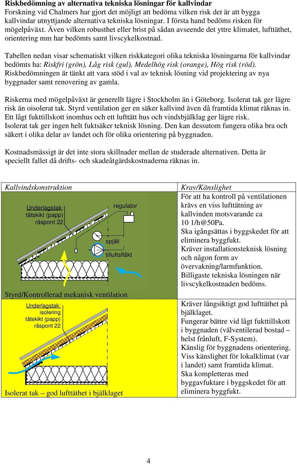 Tabellen nedan visar schematiskt vilken riskkategori olika tekniska lösningarna för kallvindar bedömts ha: Riskfri (grön), Låg risk (gul), Medelhög risk (orange), Hög risk (röd).