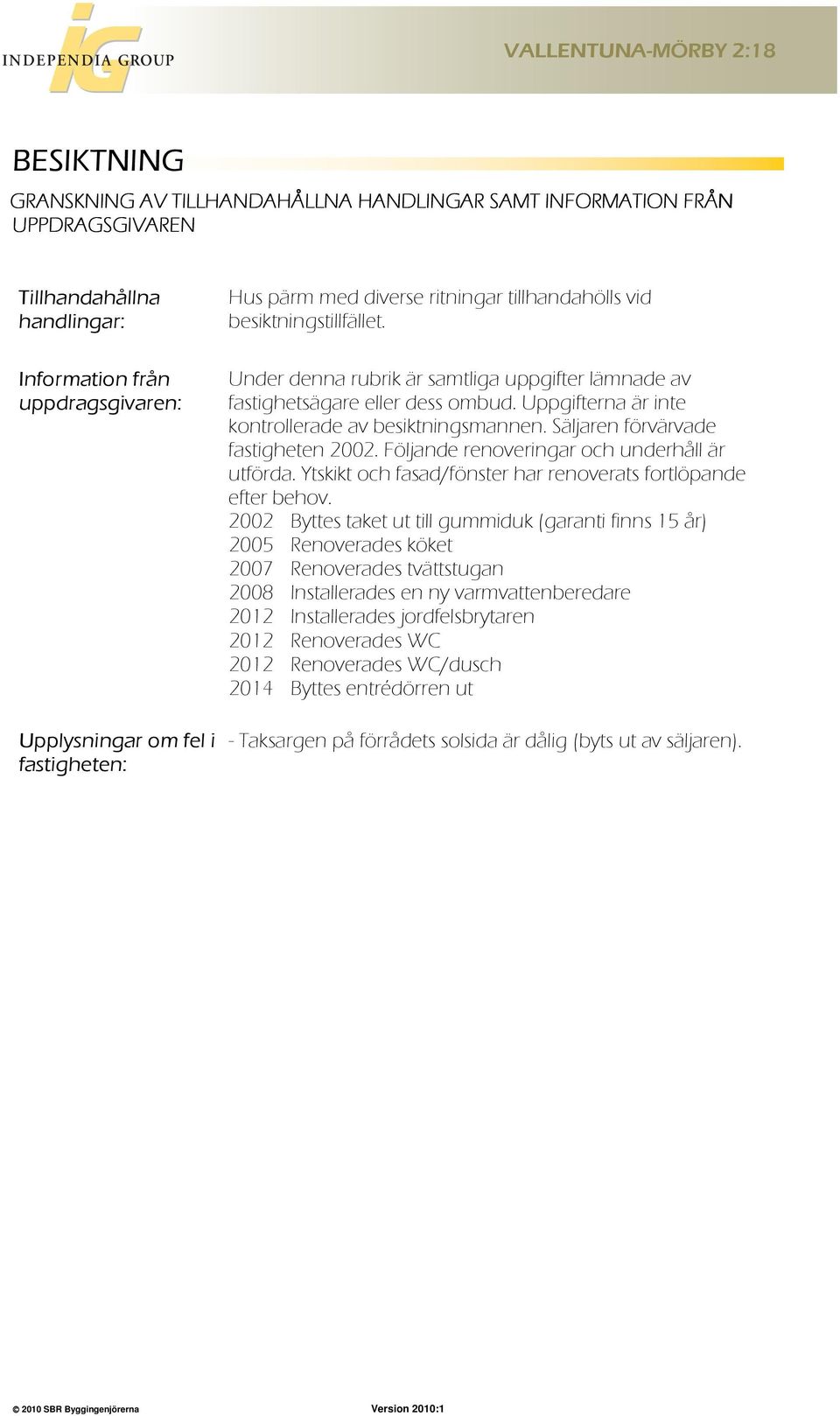 Uppgifterna är inte kontrollerade av besiktningsmannen. Säljaren förvärvade fastigheten 2002. Följande renoveringar och underhåll är utförda.