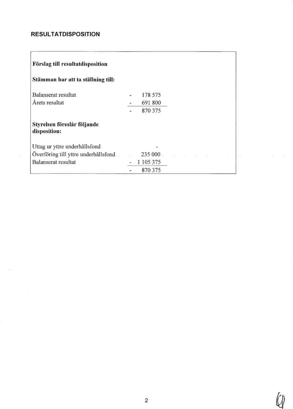 Styrelsen föreslår följande disposition: Uttag ur yttre underhållsfond