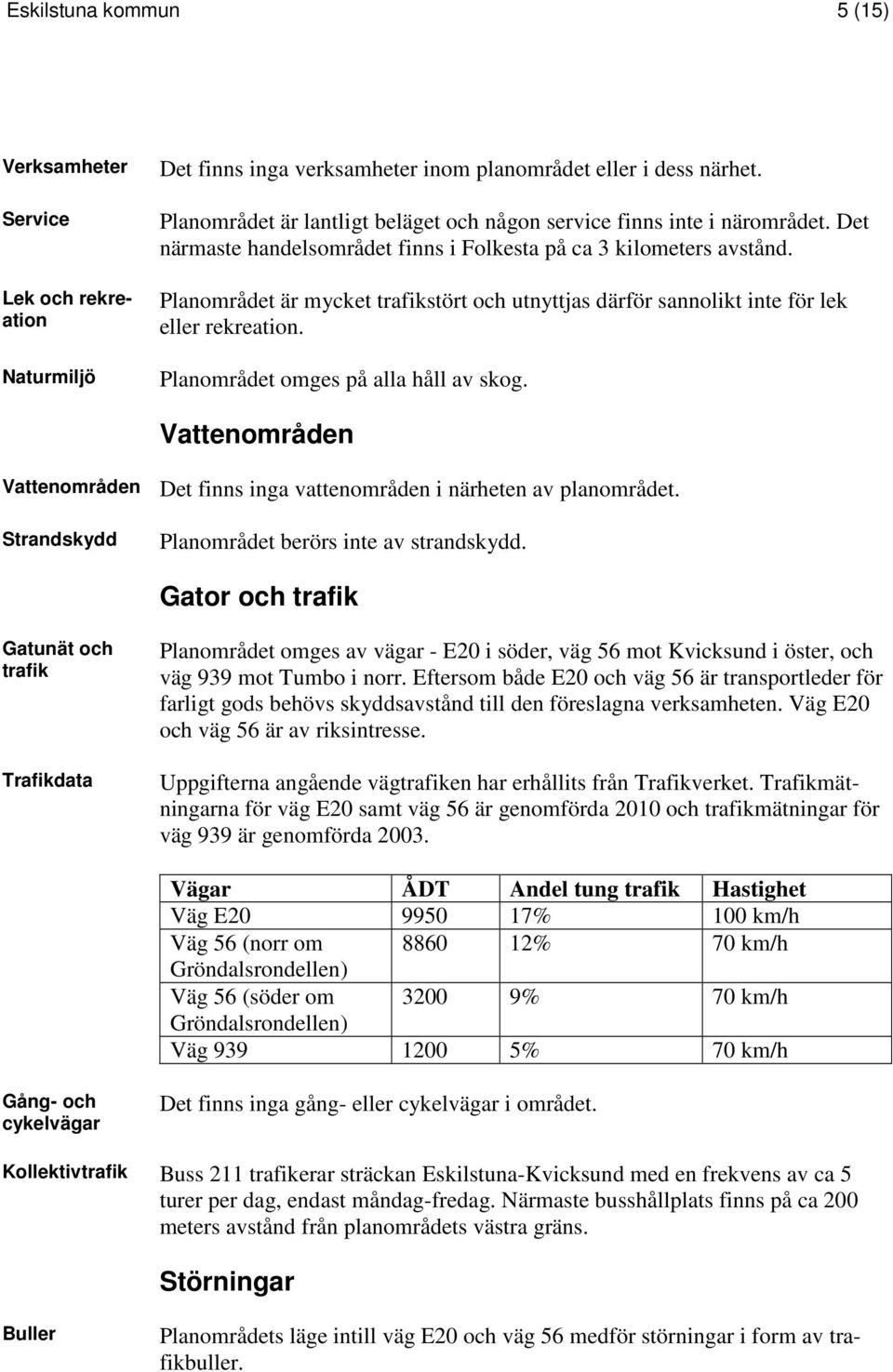 Planområdet är mycket trafikstört och utnyttjas därför sannolikt inte för lek eller rekreation. Planområdet omges på alla håll av skog.